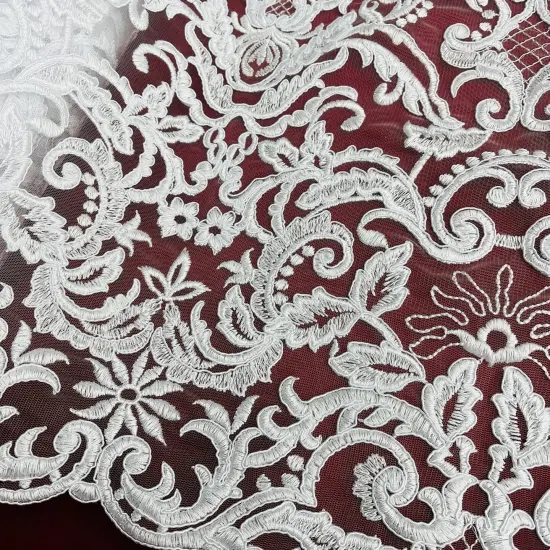 1 Yard White Corded Bridal Lace Fabric, Embroidered Polyester Mesh, 53" Wide, Elegant Wedding Fabrication {3}