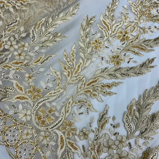 1 Yard Elegant White Beaded & Corded Embroidered Lace Fabric, 51" Wide, Bridal Fabrication for Gowns & D&eacute;cor Ivory {7}