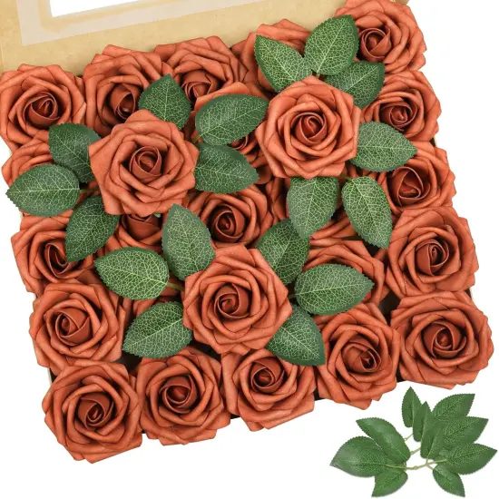 Artificial Flowers Burnt Orange Rose 25pcs Real Looking Fake Roses w/Stem for DIY Wedding Bouquets Centerpieces {1}