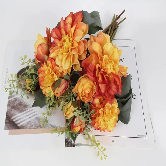 Orange Dahlia Peonies Artificial Flowers 2 Bouquets Dahlia Combo Peony Silk Flowers 18stems Faux {5}