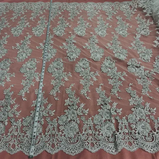 1 Yard Gold Beaded Corded Bridal Lace Fabric on Polyester Mesh, 53" Wide, Embroidered Luxury Fabrication Silver {1}