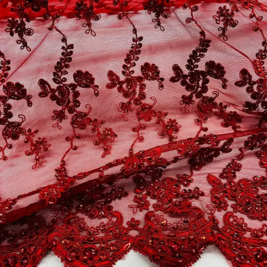 1 Yard Elegant Beaded and Corded Lace Fabric Embroidered on Polyester Net Mesh 54" Width Red {5}
