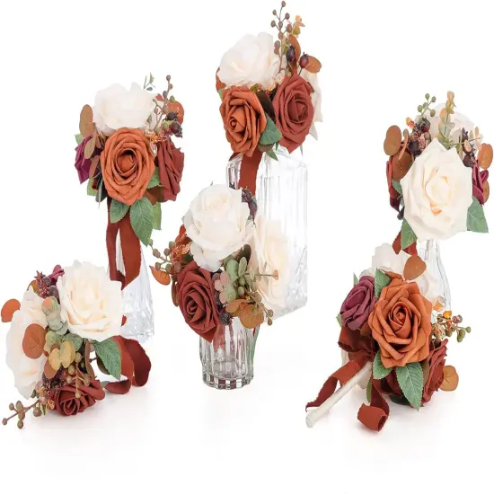 Burnt Orange Wedding Centerpieces Flowers Mini Bridesmaid Bouquets Set of 6 {1}