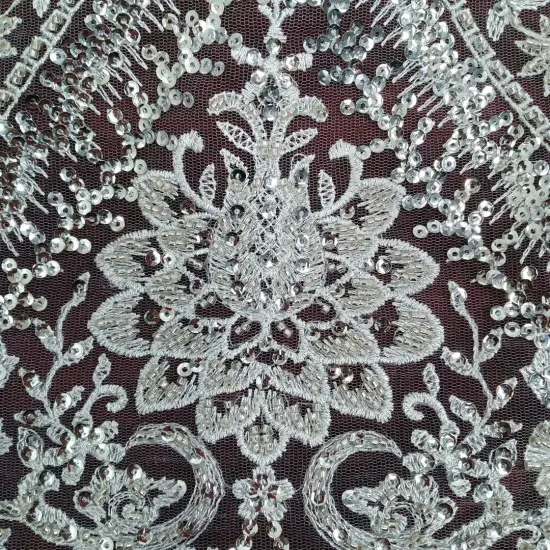 1 Yard Gold Beaded & Sequined Embroidered Lace Fabric on 100% Polyester Mesh, 52" Width Ivory {4}