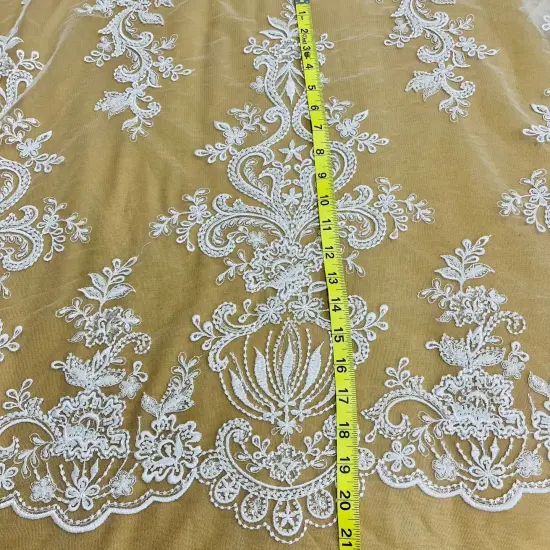 1 Yard Beaded Lace Fabric Embroidered on 100% Polyester Net Mesh, 53" Width, Premium Embroidery Lace Material White {4}