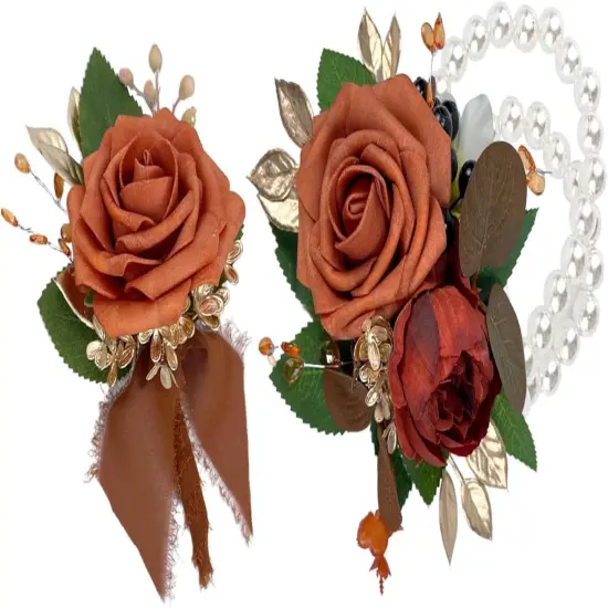 Burnt Orange Handmade Artificial Rose Peony Wrist Corsage {1}