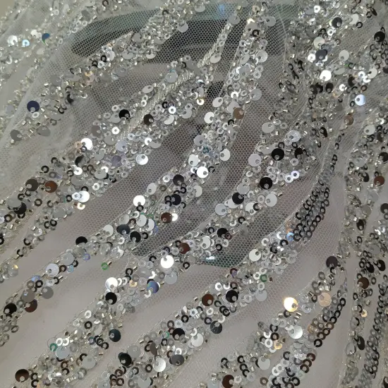 1 Yard Beaded & Sequined Embroidered Lace Fabric on Polyester Mesh, 52" Wide Silver {5}