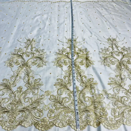 1 Yard Exquisite Beaded and Corded Bridal Lace Fabric Embroidered on 100% Polyester Net Mesh 54" Width Silver {7}