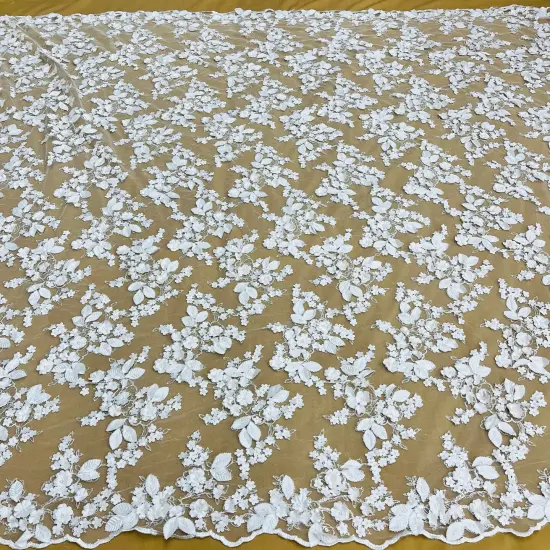 1 Yard Beaded 3D Floral Lace Fabric on 100% Polyester Net Mesh, Off White, 44" Wide, Embroidered Lace Material {3}