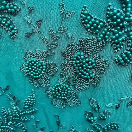 1 Yard Jade Beaded Lace Fabric with Pearls Embroidered on 100% Polyester Net Mesh 52" Width {6}