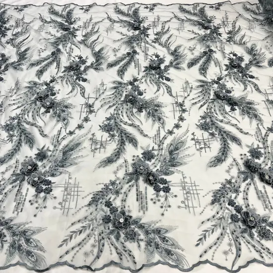 1 Yard Beaded Rhinestone 3D Floral Lace Fabric for Bridal Gowns Costumes Dresses 50" Width Champagne {4}