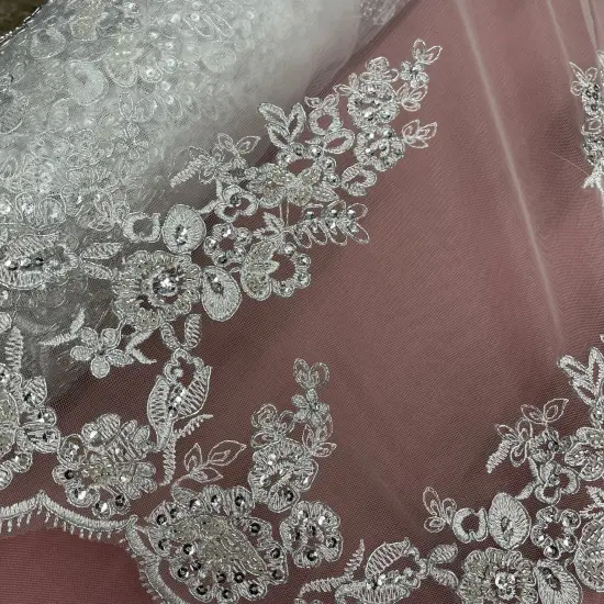 1 Yard Luxurious Beaded and Corded Bridal Lace Fabric for Wedding Dresses 54" Width White-HB {7}