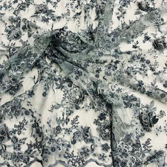 1 Yard Beaded Rhinestone 3D Floral Lace Fabric for Bridal Dresses Dance Costumes 50" Width Blue/Grey {5}