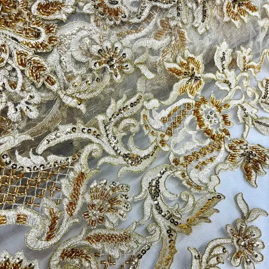 1 Yard Beaded Corded Bridal Lace Fabric on 100% Polyester Net Mesh, 53" Wide, Elegant Embroidered Design Gold {1}