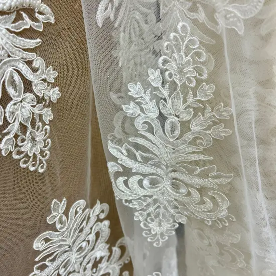 1 Yard Beaded & Corded Embroidered Bridal Lace Fabric, 52&rdquo; Wide Polyester Mesh Net Dark Ivory {3}