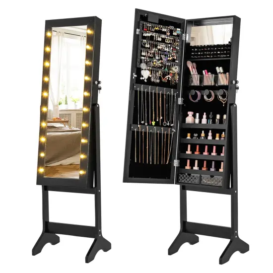 Full Length Mirror Jewelry Cabinet with 20 Warm Lights and 4 Tilt Angles Black {3}