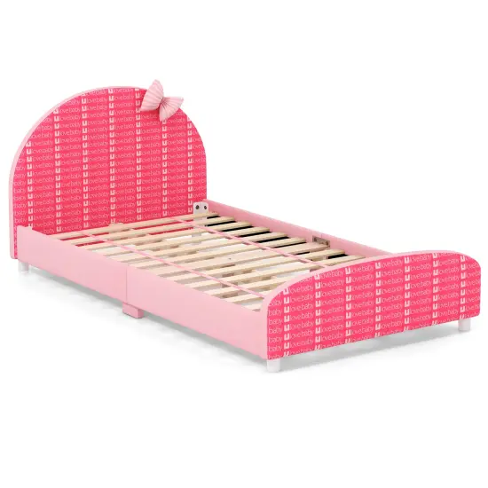 Wood Upholstered Kids Twin Bed Platform with Slat Support Pink {4}