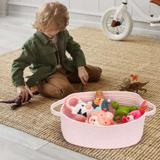 Small Woven Cotton Rope Basket Cute Baby Gift Baskets Empty Decorative Storage Basket for Organizing Shelves Closet Baby Nursery Basket Bin Toy Storage Basket Organizer 13.7"x10.2"x5" Pink {3}