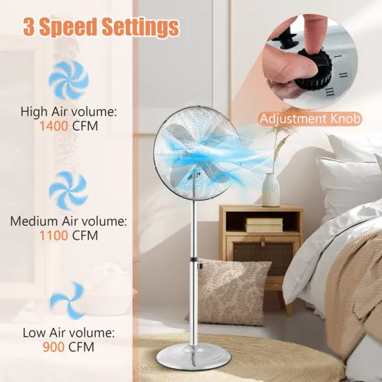 16 Inch Pedestal Standing Fan Oscillating Pedestal Fan with 3 Speeds and Adjustable Height Silver {6}