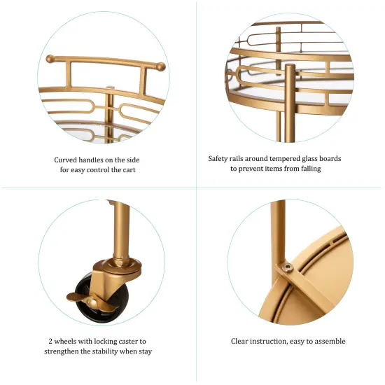 29.50"H Deluxe 2-Tier Metal Round Mirrored Bar Cart-Golden {3}