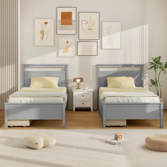 Wooden Twin Bed Frame with Storage Drawers Chic Headboard and Footboard Grey {5}