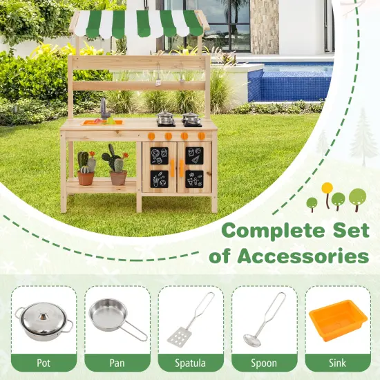 Natural Fir Wood Mud Kitchen with Canopy, Sink, and 4 Stoves &ndash; Outdoor Play Kitchen {2}