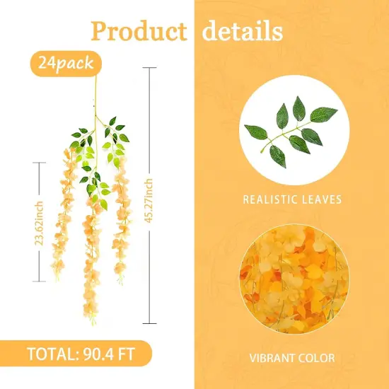 24 Pack Orange Wisteria Hanging Flowers Garland, 3.77 Feet Artificial Flower Vines, Fake Wisteria, Artificial Vines Hanging Garland for Backdrop Outdoor Yard Garden Decor {3}