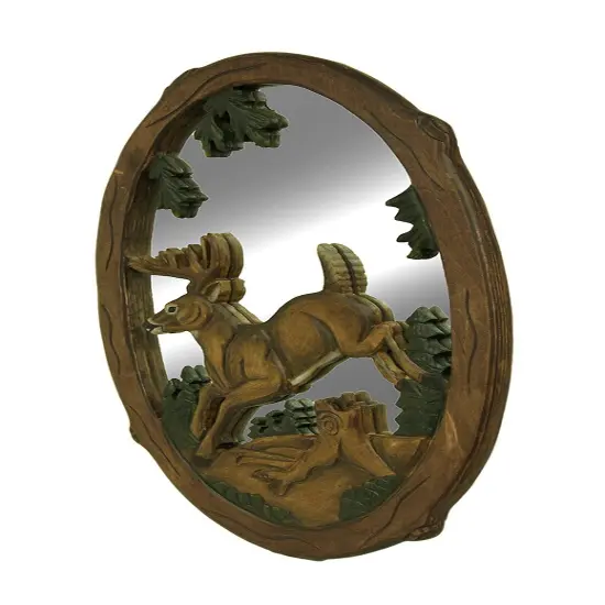 Jumping Deer Hand Crafted Intarsia Wood Art Wall Mirror 26 X 41 X 2 Inches {3}