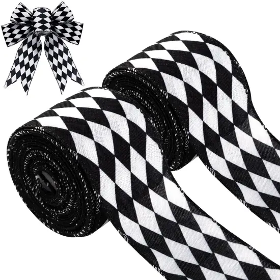 2 Rolls Christmas Checkered Ribbon Black and White Check Ribbon Diamond Check Wired Edge Ribbon Diamond Pattern Decorative Ribbons for Christmas Fall Tree Wrapping DIY Crafts (2.6 Inch) {2}
