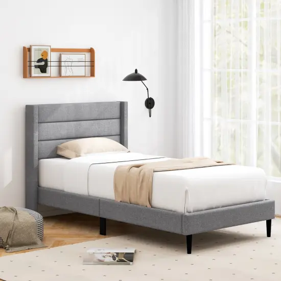 Linen Upholstered Platform Twin Bed Frame with Wing back Headboard-Twin Size {5}