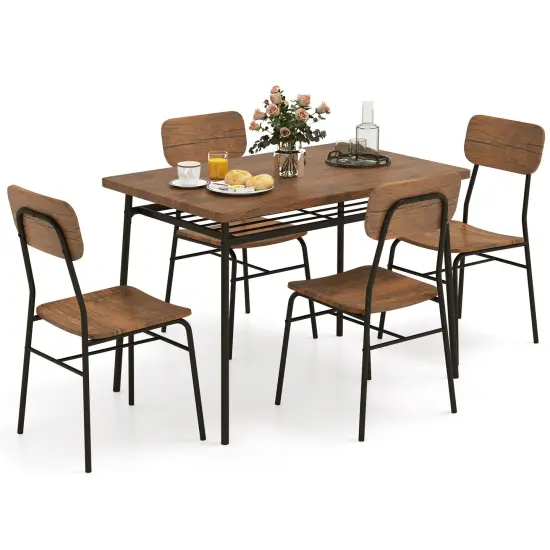 5-Piece Table Set for 4 with Metal Frame and Storage Rack-Brown {4}