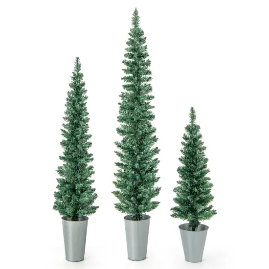 3-Pack Slim Pencil Artificial Christmas Trees with Lifelike Green PVC and Rustic Metal Buckets {1}