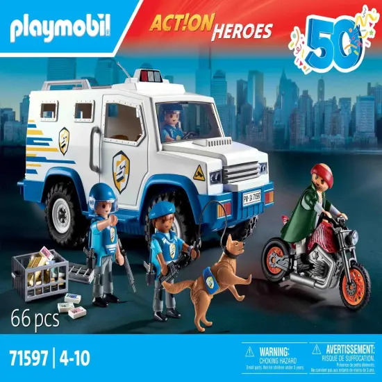Playmobil 71597 Action Heroes Armoured Van with Fund Conveyors - Includes Three Police, Motorcycle Thief and Police Dog - Ages 4+ {5}