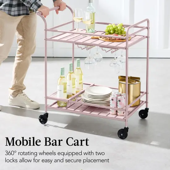 Best Choice Products 2-Tier Rolling Bar Cart Indoor/Outdoor w/ Storage Shelves, Wine Rack, Lockable Wheels Pink {5}