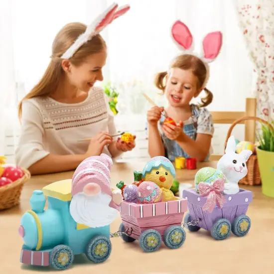 8.75" Easter Day Gnomes Train Decorations, Spring Bunny Handmade Train Figurines for Easter Decor Gift - Easter Party Table top Figurines (Multicolor) {4}