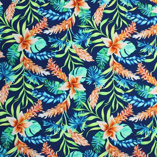Tropical Leaves on Navy Printed Spandex {1}