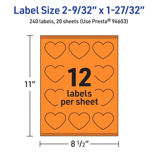 Avery Bright Orange Paper Labels, 2-9/32" x 1-27/32" Heart {5}