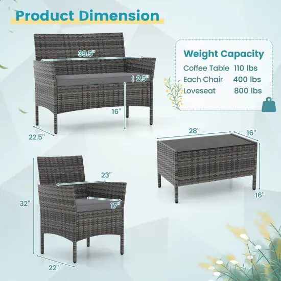 Costway 8 PCS Patio Furniture Set with Washable Cushions and Tempered Glass Coffee Table {3}