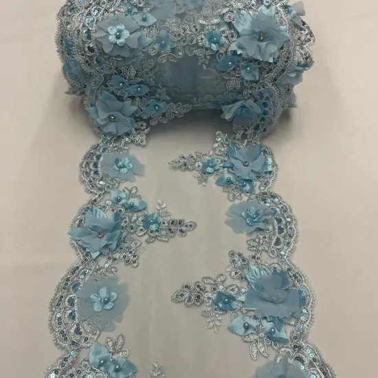 3 Yard Sequin 3D Lace Fabric 22.86 cm Wide Mesh with Pearls, Beads & Embroidery 100% Polyester Sage {3}