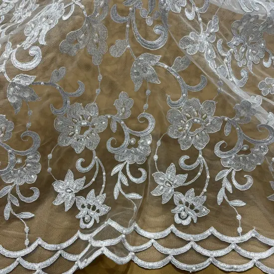 1 Yard Silver Beaded Corded Bridal Lace Fabric Embroidered Elegant Net Mesh Gown 52" Width {3}