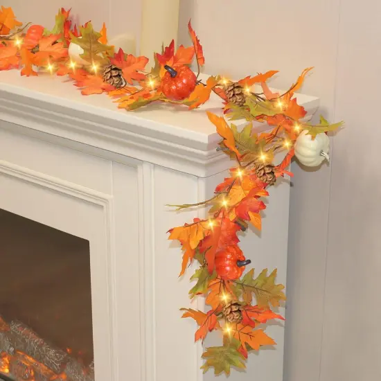 6FT Lighted Maple Leaves with Pine Cone and Pumpkin Fall Garland - 1 PACK {4}