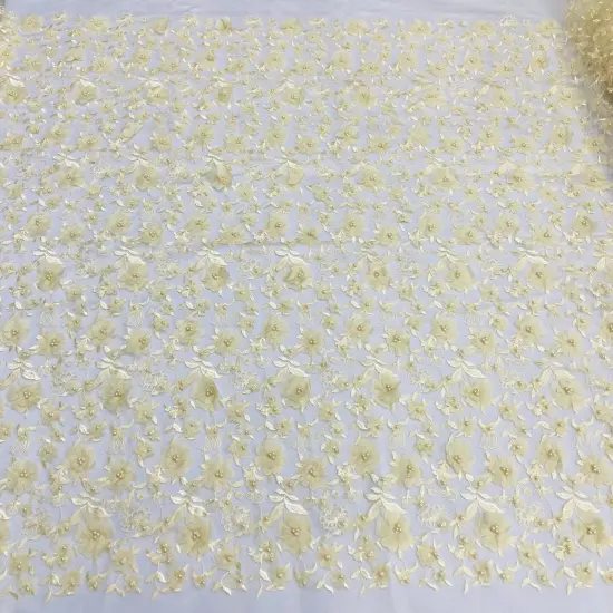 1 Yard Beaded 3D Floral Lace Fabric Embroidered Couture Mesh Dress 49" Width Yellow {1}