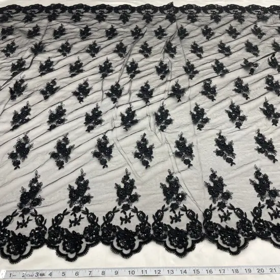 1 Yard Beaded Corded Lace Fabric Embroidered Elegant Mesh Bridal Gown 53" Width Black {1}