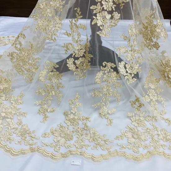 1 Yard Corded Bridal Lace Fabric Embroidered on 100% Polyester Net Mesh 54" Width Gold {1}