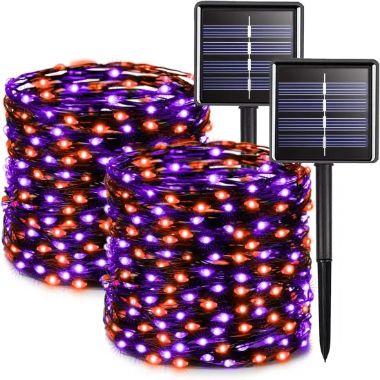 2 Pack 66FT 200 LED Orange Solar Halloween Lights {1}