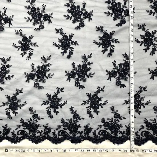 1 Yard Beaded Corded Bridal Lace Fabric Embroidered Mesh Champagne 54" Width {6}