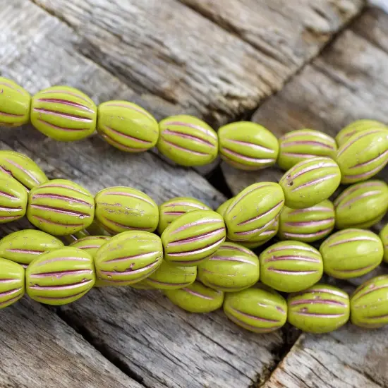 *20* 14x8mm Metallic Pink Washed Opaque Chartreuse Oval Melon Beads {2}