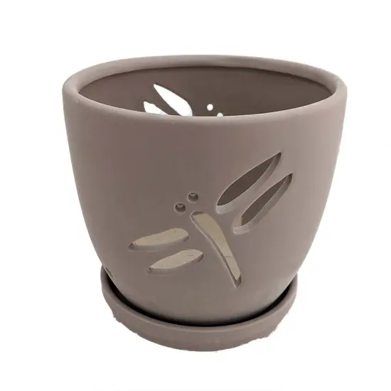 Dragonfly Matte Gray Ceramic Orchid Pot and Saucer + Felt Feet-5 1/2" x 5 1/4" {1}