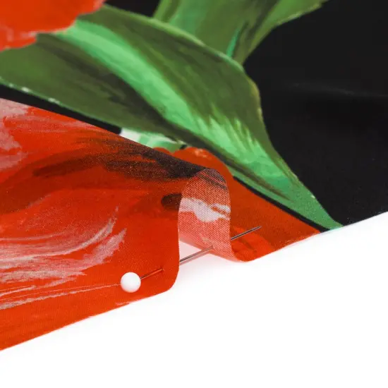 1 Yard Charmeuse Fabric Scarlet Red Green Painted Tulip Garden Silk 53 inch Width {2}