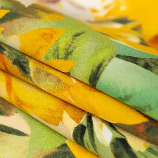 1 Yard Yellow and Green Sunflowers Digitally Printed Painterly Silk Charmeuse Fabric 55 inch Width {3}